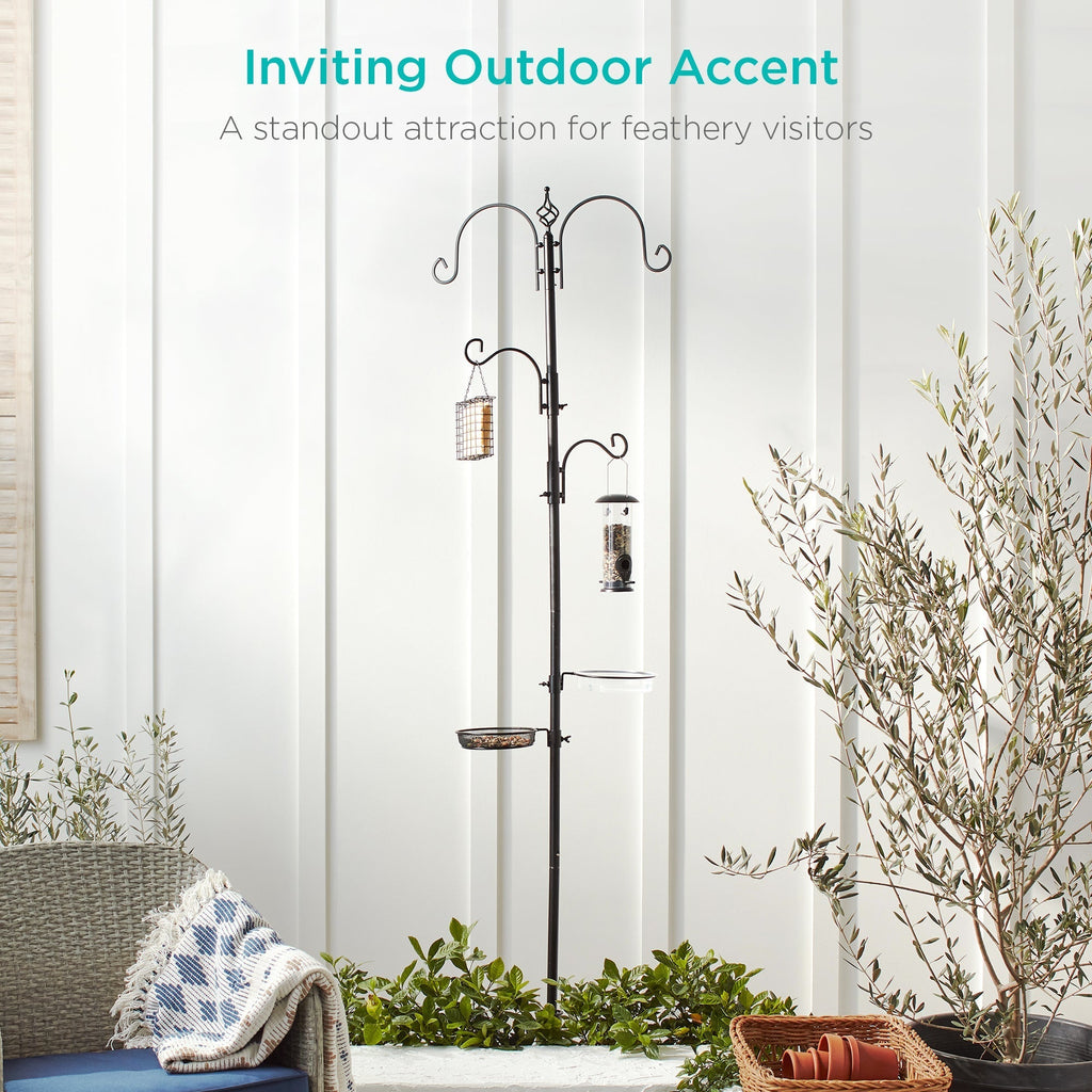 4-Hook Bird Feeding Station, Steel Feeder Stand w/ 2 Bird Feeders - 91in