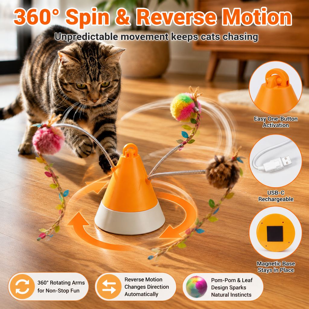 Mosrugs MiaSpin 360 Magnetic Rotating Cat Teaser Toy for Indoor Cats - USB-C Hands-Free Play to Beat Boredom