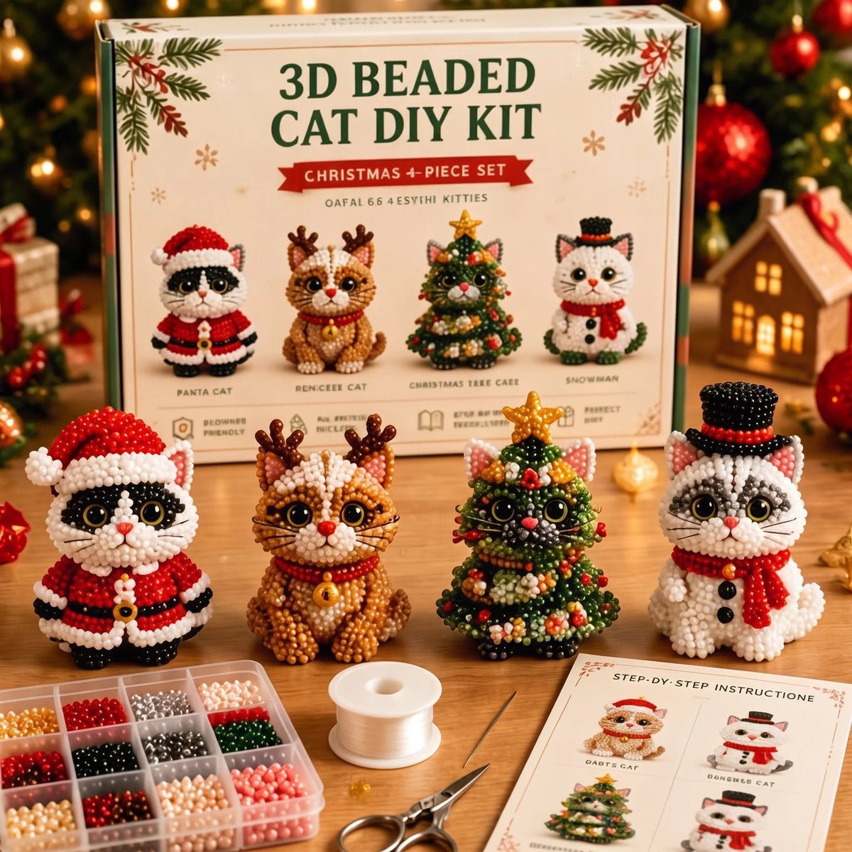 Beginner-Friendly DIY 3D Christmas Beaded Ornament Kit | Complete 4-Piece Set with Glass Beads, All Tools & Step-by-Step Guide Included