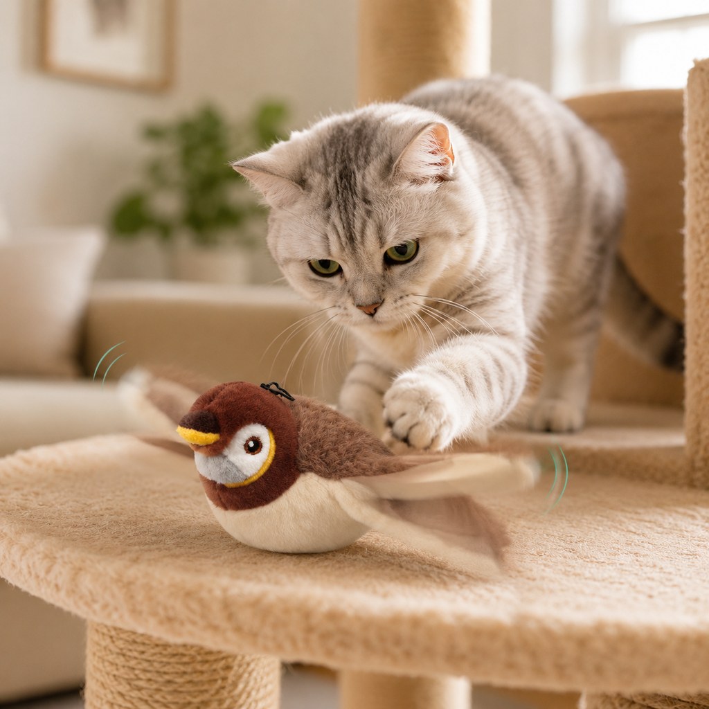 Mosrugs Rechargeable Flapping Bird Cat Toy for Indoor Cats - Tap-Activated Plush Kicker Toy for Boredom Relief & Hunting Instinct Play