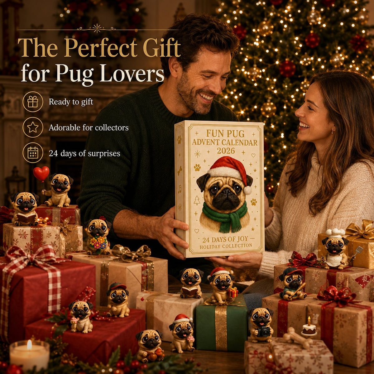 24-Day Pug Christmas Surprise Advent Calendar | 24 Unique Mini Pug Figures for Daily Holiday Reveals, Collecting & Display