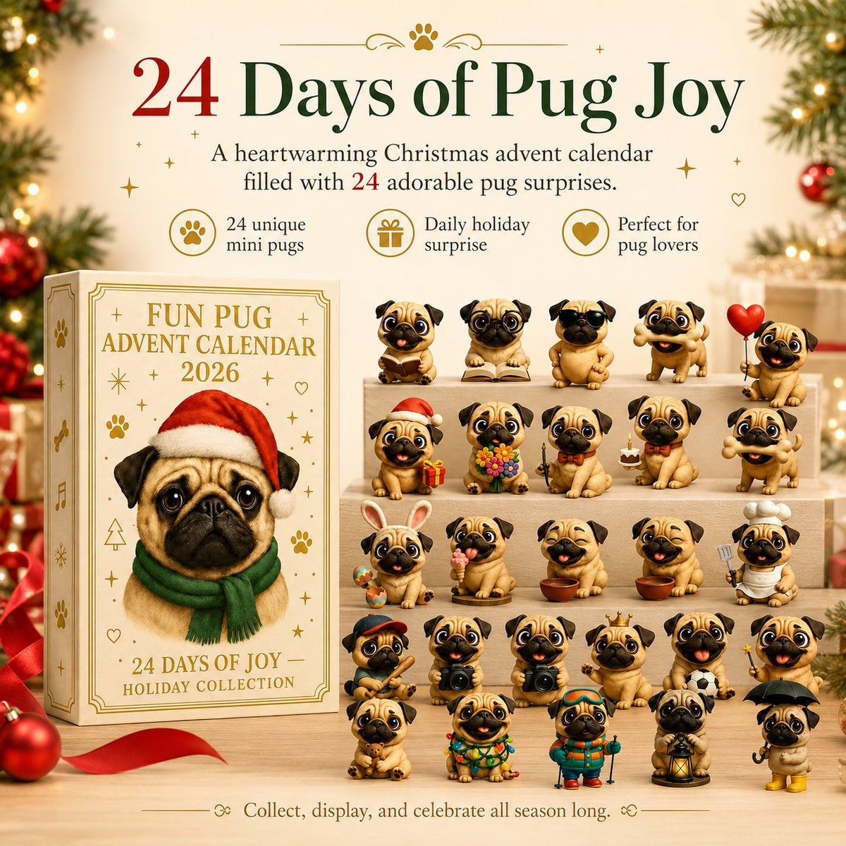 24-Day Pug Christmas Surprise Advent Calendar | 24 Unique Mini Pug Figures for Daily Holiday Reveals, Collecting & Display