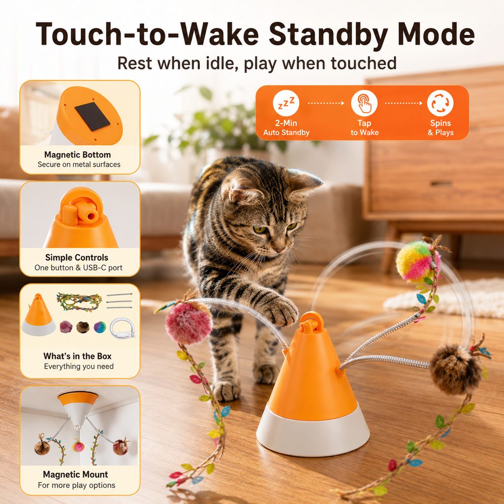 Mosrugs MiaSpin 360 Magnetic Rotating Cat Teaser Toy for Indoor Cats - USB-C Hands-Free Play to Beat Boredom