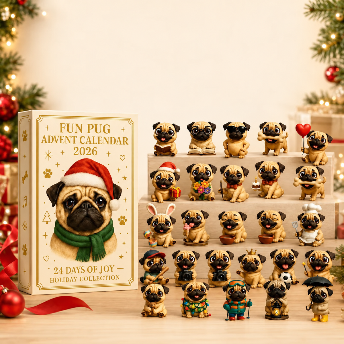 24-Day Pug Christmas Surprise Advent Calendar | 24 Unique Mini Pug Figures for Daily Holiday Reveals, Collecting & Display