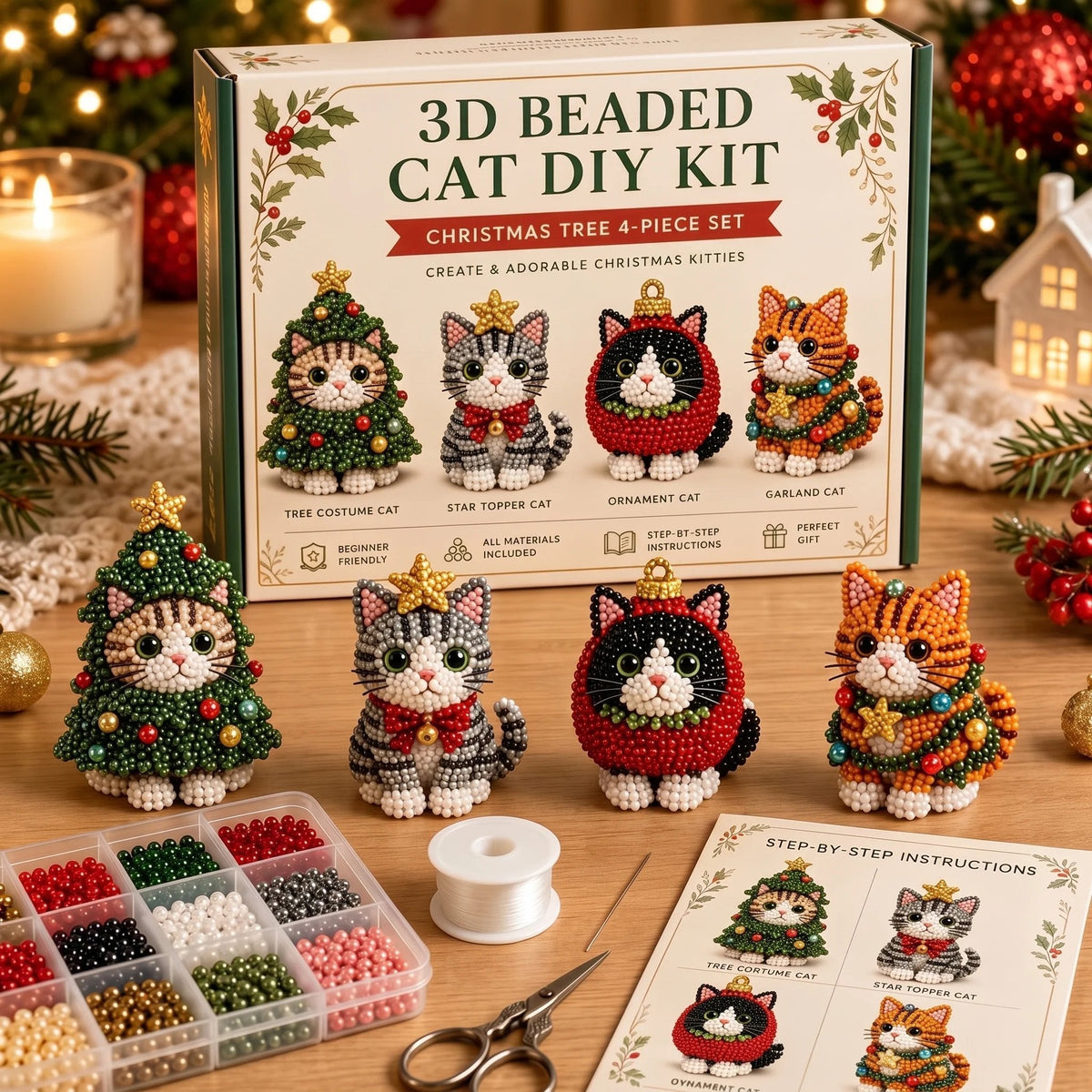 Beginner-Friendly DIY 3D Christmas Beaded Ornament Kit | Complete 4-Piece Set with Glass Beads, All Tools & Step-by-Step Guide Included