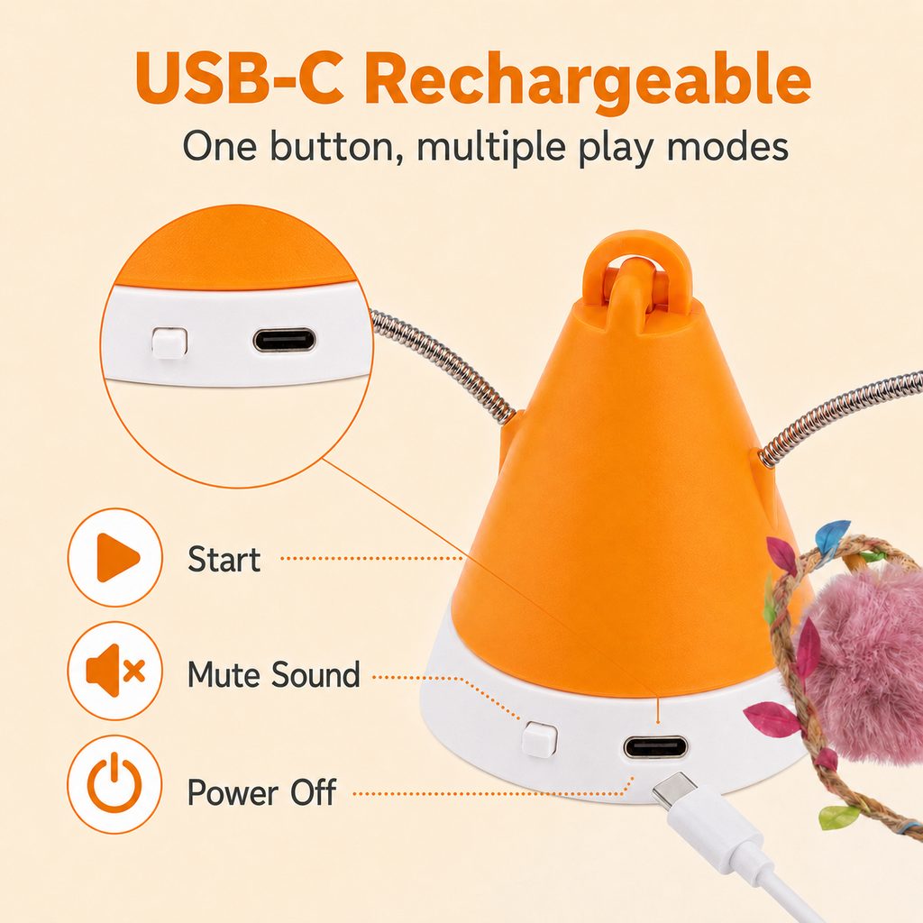 Mosrugs MiaSpin 360 Magnetic Rotating Cat Teaser Toy for Indoor Cats - USB-C Hands-Free Play to Beat Boredom